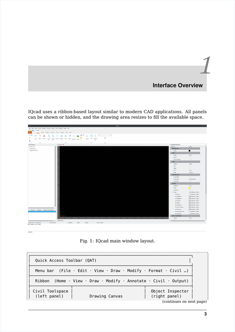 A page from the IQcad user manual showing the interface overview.
