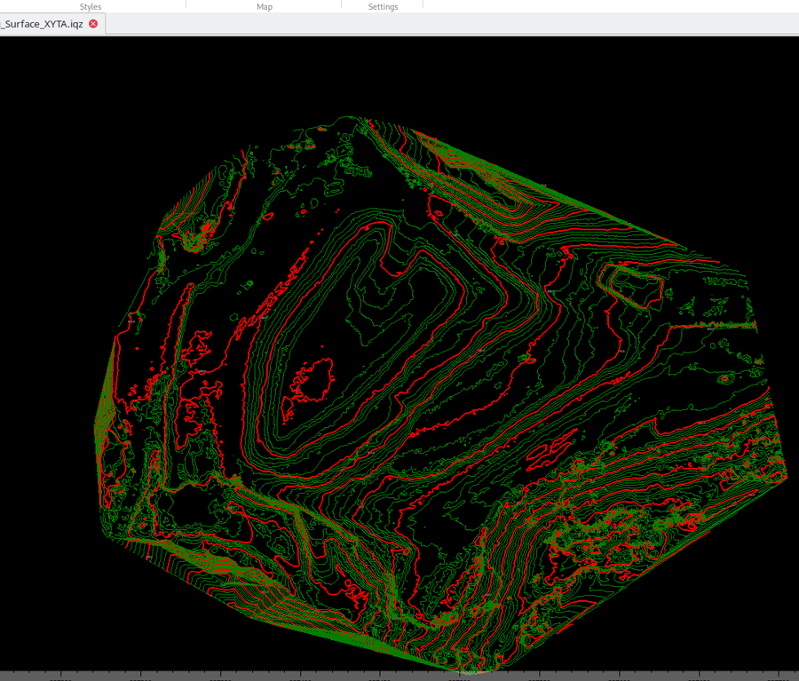 Dense survey linework and contours from a civil dataset in the IQcad canvas.