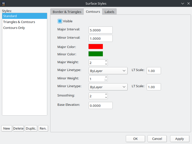 IQcad surface style editor dialog with colour swatches.