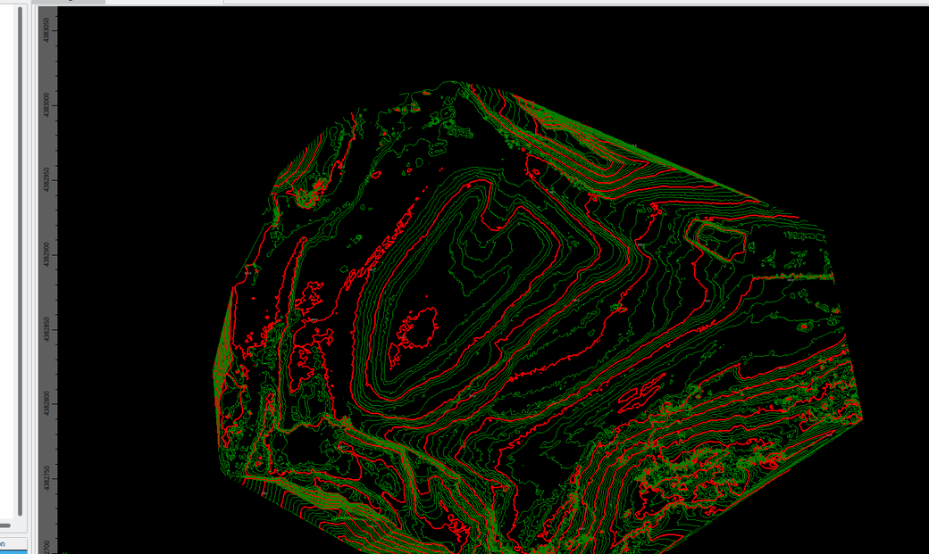 An elevation-banded TIN surface in IQcad with green contour lines and red survey points and breaklines.