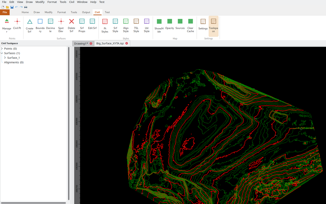 The IQcad workspace: Civil ribbon, Civil Toolspace tree with a surface, and a live drawing.